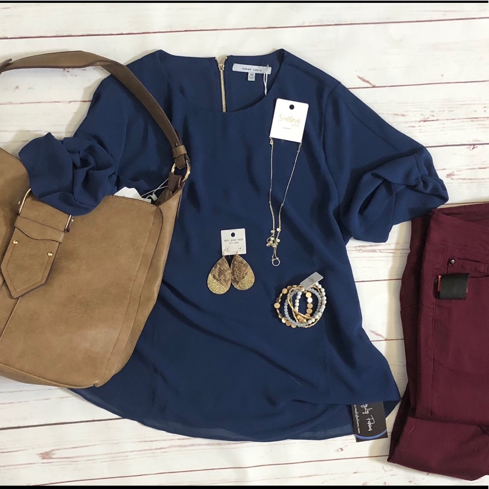 Naked Zebra Navy Blue Blouse with Gold Zipper - Picture 2 of 5